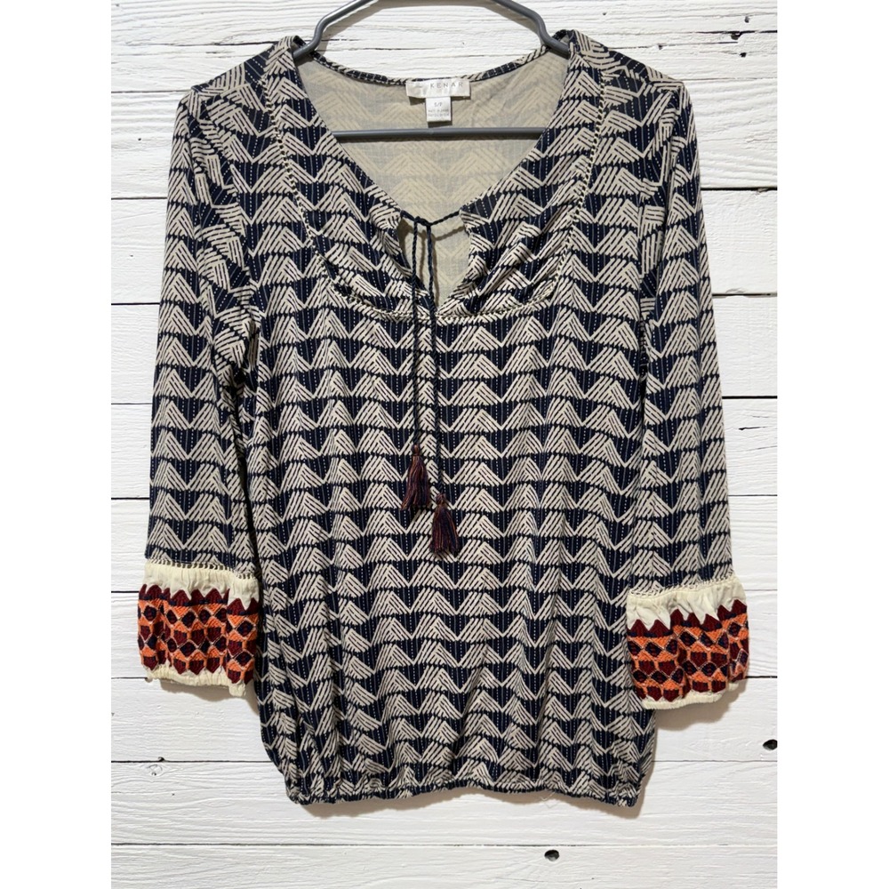 Kenar Peasant Blouse Womens Small Navy Cream Geometric Embroidered Tassel Top